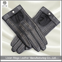 Frauen schwarze Leder Mode Studs Fahren Leder Handschuhe